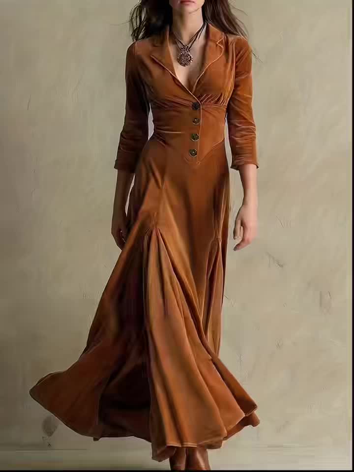 ELOWENNA | ELEGANT BUTTON-FRONT COLLAR DRESS WITH 7/8 SLEEVE